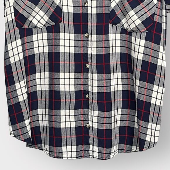 JACHS Girlfriend Button Up Top Women Size XXL Navy Red Plaid Cap Sleeve Pockets - Picture 4 of 11